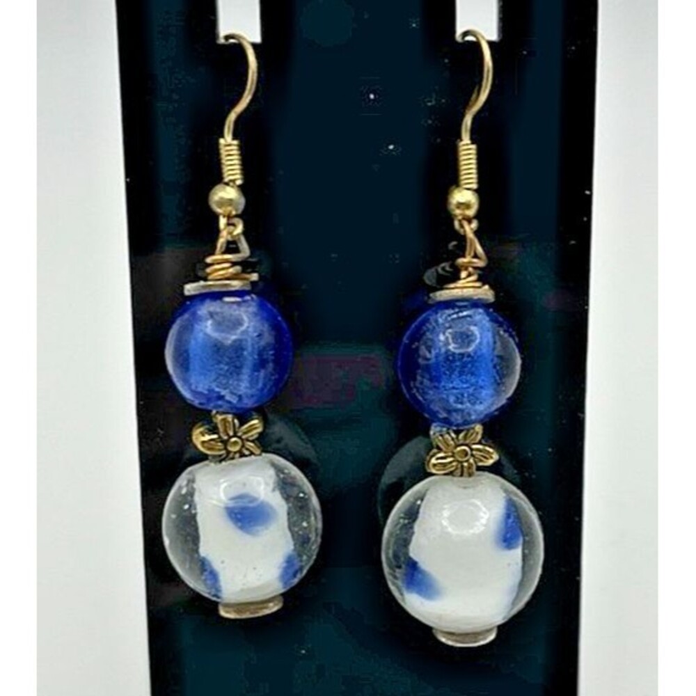 Vintage Blue & White Glass Round Orb Dangle Earrings 2 1/4 “ Long - Picture 8 of 9